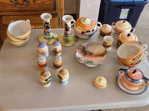 lot 96 image: Noritake and Other Makers Hand-Painted Porcelain Tea Set with Scenic Designs