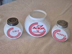 lot 117 image: Vintage Milk Glass Salt & Pepper Shakers with Floral Flour Canister