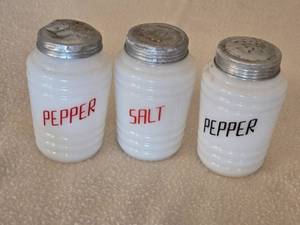 lot 118 image: Vintage Milk Glass Shakers with Metal Lids