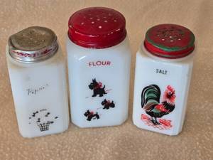 lot 119 image: Misc. Milk Glass Kitchen Shakers Set with Red Lids