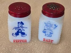 lot 120 image: Milk Glass Salt and Pepper Shakers with Red Lids