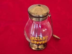 lot 142 image: Vintage Glass Instant Coffee Jar with Metal Lid and Spoon