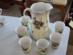 lot 145 image: Hand-Painted Pitcher and 6 Cups Set with Floral Design