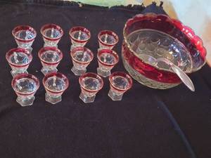 lot 191 image: Vintage Glass Punch Bowl Set with 12 Cups and Ladle with Red Accents
