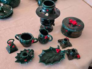lot 200 image: Vintage Leftons Ceramic Green Holly Leaf & Berries Candle Lantern, Candle Holders, Bell and More