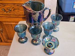 lot 215 image: Iridescent Carnival Glass Pitcher Set with 4 Goblets, Candle Holder and Bowl