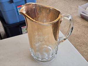 lot 216 image: Vintage Clear Glass Pitcher with Gold Colored Overlay