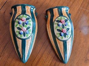 lot 230 image: Pair of Vintage Japanese Ceramic Wall Pockets with Floral Design