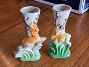 lot 232 image: Pair of Vintage Japanese Deer Porcelain Bud Vases