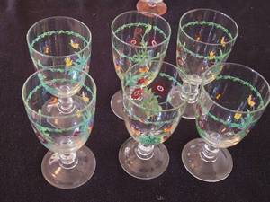 lot 245 image: 6 Floral Painted Glass Goblets