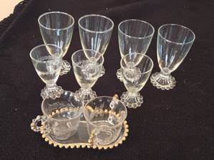 lot 247 image: Etched Glass Goblets and 2 Small Cups with Tray