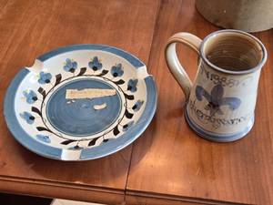 lot 251 image: Rustic Handcrafted Pottery Mug and Plate - Plate is marked elle Norway on the bottom