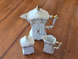 lot 263 image: Antique Hand-Painted Porcelain Tea Pot, Sugar and Creamer Set