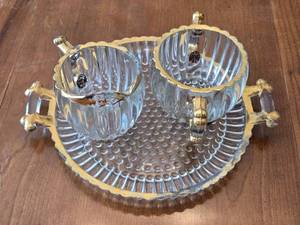 lot 264 image: Vintage Glass Serving Set with Gold Colored Rims & Handles