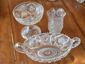 lot 278 image: 3 Cut Glass Crystal Dishes - Footed Bowl, Dish, Small Decorative Vase