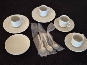 lot 288 image: 4 White Espresso Cups with Saucers and Spoons