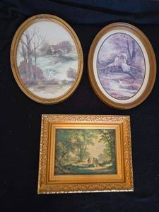 lot 323 image: Set of 3 Decorative Framed Artworks with Gold Toned Frames
