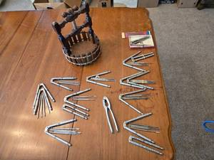 lot 337 image: Multiple Vintage Nut Crackers and Pick Sets with Wooden Nutcracker Basket