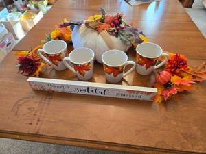 lot 349 image: Autumn Leaf Design Coffee Mugs with Decorative Pumpkin and Sign