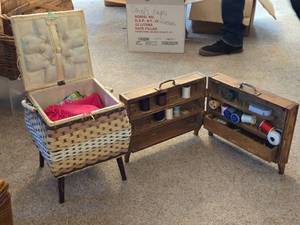 lot 359 image: Sewing Thread Organizer with Wicker Basket and Storage Compartments