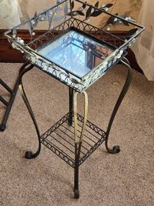 lot 360 image: Glass Top Metal Plant Stand with Decorative Leaf Accents