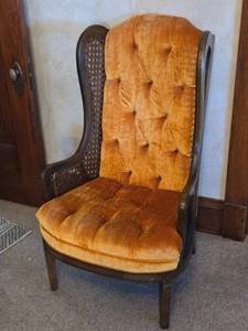 lot 5G image: Vintage Wingback Chair with Orange Velvet Upholstery
