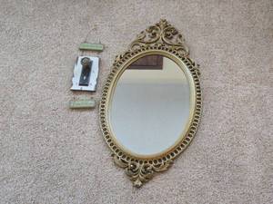 lot 374 image: Ornate Gold Oval Mirror with Inspirational Wall Hanging and Vintage Door Knob Wall decor