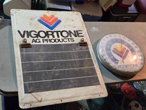 lot 397 image: Vigortone Ag Products Chalkboard Sign and Thermometer