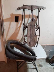 lot 400 image: Vintage Sno-Hawk Wooden Sled (repairable) and Antique Horse Collar
