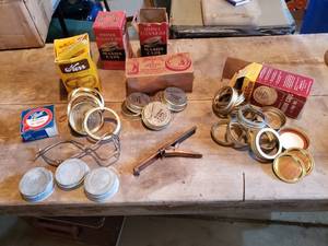 lot 410 image: Huge Collection of Vintage Mason Jar Caps and Canning Accessories
