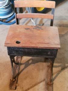 lot 414 image: Vintage School Desk with Integrated Wooden Chair