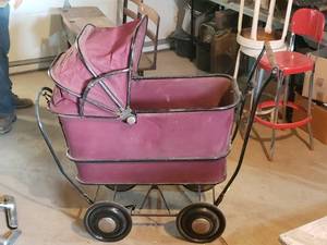 lot 416 image: Vintage Burgundy Baby Stroller with Canopy