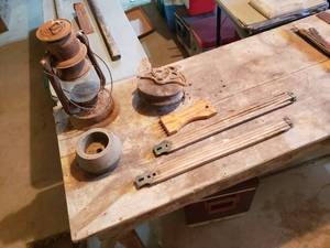 lot 418 image: Antique Items Including Rusted Lantern, Wool Tool, Grinding Wheel and More