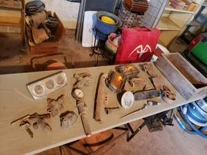 lot 424 image: Collection of Vintage Industrial Parts and Tools - Gauges, Wood Box, Indicator Lights and More