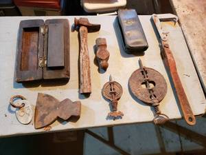 lot 425 image: Assorted Vintage Hand Tools Collection - Sharpening Stone, Hammer, Flue Dampeners and More
