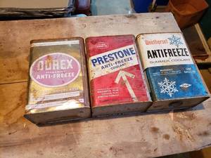 lot 427 image: Vintage Trio of Metal Antifreeze Coolant Cans Durex, Prestone, and Weatherset - No tops