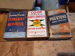 lot 429 image: Set of 3 Vintage Permanent Anti-Freeze Cans Good Year, CO-OP, Prestone no tops