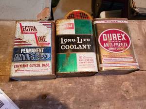 lot 430 image: Vintage Antifreeze and Coolant Metal Cans - Lectra Line, Prestone, Durex - No Tops