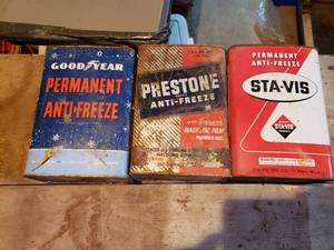 lot 431 image: Set of 3 Vintage Permanent Anti-Freeze Cans - Goodyear, Prestone, Sta-Vis  - No Tops