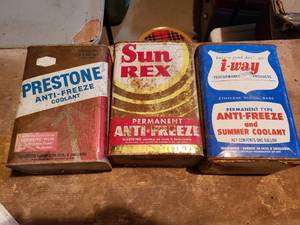 lot 432 image: Lot of 3 Vintage Anti-Freeze Coolant Cans - Prestone, Sun Rex, I-Way - No Tops