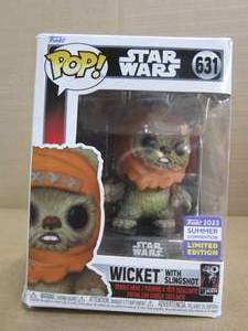 lot 114 image: Funko Pop Star Wars Ewok with Sling Shot (SDCC23), Collectable Vinyl Figure - 71777 - DentedOpen Box