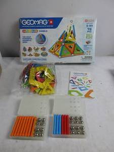 lot 29 image: Geomag Magnetic Toys Supecolor Tiles 78-Piece Building Set for Kids Ages 5-99  Swiss-Made STEM & STEAM Authenticated Educational Toy Made from 100% Recycled Plastic  Creative Learning Play NEW, OPEN BOX, ALL PIECES THERE