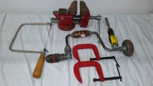 lot 356 image: Vise, Vintage Dunlop Brace Drill, C-clamps and more.