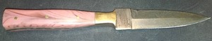 lot 453 image: Damascus Style Double Edged Boot Knife and Leather Sheath