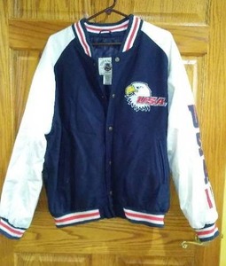 lot 472 image: Steve and Barrys Letterman Jacket with USA Flag and Eagle.