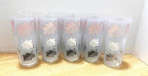lot 55 image: Set of 5 Libbey Pink White and Black Leaf Glasses