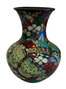 lot 76 image: Beautiful Vintage Enamel Butterfly Motif Vase