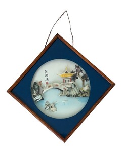 lot 117 image: Shadow Box Style Asian Decorative Hanging  Asian Wall Hanging Pagoda Carved Sea Shell Round Blue Glass Frame