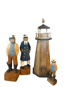 lot 56 image: Nautical Themed Wood Carved Figurines and Lighthouse