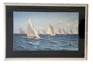 lot 224 image: Artwork The Race  Alex Johansen White Frame and Sailboats on the Water